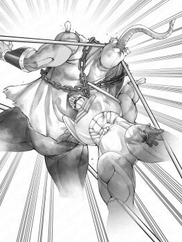 Rule 34 | 2boys, abs, armor, attack, biceps, chain, clenched hands, dutch angle, epic, fur trim, helmet, highres, horns, kazeya kazuya, kinnikuman, large pectorals, looking at viewer, mammoth horns, mammothman, manly, mask, monster boy, multiple boys, muscular, open mouth, pectorals, restrained, robin mask, wrestling, wrestling outfit, wrestling ring