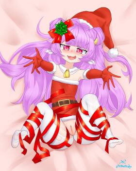 1girl absurdres animal_ears bare_shoulders bed_sheet blush christmas commission cow_ears detached_sleeves double_bun fang from_above gloves hair_bun hat highres horns legs_up loli lthedeity lying neck_bell on_back open_mouth pantyhose phase_connect pink_eyes purple_hair pussy reaching reaching_towards_viewer santa_costume santa_hat skin_fang solo spread_legs torn_clothes torn_legwear uncensored virtual_youtuber
