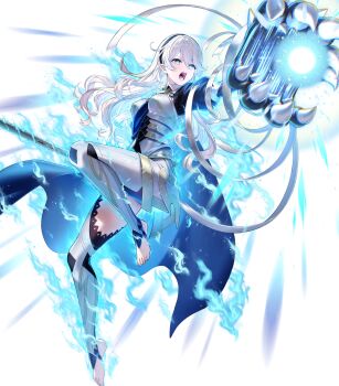 1girl alternate_eye_color attack aura barefoot black_gloves blue_cape cape energy_ball female_corrin_(emblem)_(fire_emblem) female_corrin_(fire_emblem) fire_emblem fire_emblem_engage fire_emblem_fates fire_emblem_heroes gloves grey_hair hairband highres holding holding_sword holding_weapon kousei_horiguchi long_hair nintendo non-web_source official_art open_mouth partial_transformation pointy_ears solo sword v-shaped_eyebrows weapon yato_(fire_emblem)