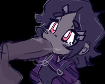 1boy 1girl aged_down ashley_graves black_hair black_overalls blush_stickers bright_pupils disembodied_penis fellatio hair_ornament hairclip hetero loli looking_up oral overalls pale_skin penis pink_eyes purple_shirt saliva saliva_trail sawl shirt short_hair sketch striped_clothes striped_shirt the_coffin_of_andy_and_leyley white_pupils