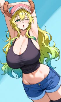 1girl ;o absurdres arm_behind_head arm_up armpits black_thighhighs blonde_hair blue_background blue_hair blue_shorts breasts cleavage cowboy_shot crop_top curvy denim denim_shorts dragon_girl dragon_horns gradient_hair green_eyes hat highres holding_own_arm horns huge_breasts kobayashi-san_chi_no_maidragon long_hair lucoa_(maidragon) midriff multicolored_hair navel one_eye_closed open_mouth shorts skindentation solo tank_top thick_thighs thighhighs thighs zantyarz