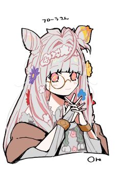 1girl commentary_request cone_hair_bun dress fate/grand_order fate_(series) flora_(fate) flower flower-shaped_pupils glasses goma1021 hair_bun hair_flower hair_ornament highres long_hair monocle pink_eyes smile solo symbol-shaped_pupils white_dress white_hair