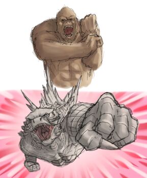 2boys ape artist_request blue_eyes claws clenched_hands crossover foreshortening giant giant_monster godzilla godzilla_(series) godzilla_x_kong:_the_new_empire gorilla highres kaiju king_kong king_kong_(series) legendary_pictures meme monster monsterverse multiple_boys no_humans no_pupils parody sharp_teeth simple_background summoning teamwork teeth toho ultra_series yellow_eyes