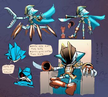 1boy alternate_costume artist_name bad_tag black_sclera boots cape captain_metal claws colored_sclera english_text eyepatch gun hat helmet highres looking_at_viewer mechabare metal_sonic multiple_legs pirate pirate_costume pirate_hat red_eyes redesign reference_sheet robot siedaryth sitting skull sonic_(series) sonic_the_hedgehog_(archie_comics) sword teeth variations weapon