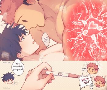 2boys black_hair chibi commentary cuntboy cuntboy_with_male english_commentary english_text from_side fushiguro_megumi heart highres holding holding_pregnancy_test itadori_yuuji jujutsu_kaisen looking_at_another male_focus multiple_boys ovaries pink_hair pregnancy_test short_hair sobskoo speech_bubble sperm_cell uterus x-ray