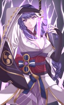 Rule 34 | 1girl, absurdres, blunt bangs, blurry, braid, breasts, bridal gauntlets, cleavage, commentary request, depth of field, drawing sword, electricity, genshin impact, glowing, glowing eyes, glowing sword, glowing weapon, head tilt, highres, holding, holding sword, holding weapon, huge breasts, human scabbard, japanese clothes, kimono, large breasts, long braid, long hair, looking at viewer, mitsudomoe (shape), musou isshin (genshin impact), neck ribbon, off shoulder, purple background, purple eyes, purple hair, purple kimono, purple nails, raiden shogun, red ribbon, red sash, ribbon, rita (arumhh), sash, single braid, solo, sword, sword between breasts, thighhighs, tomoe (symbol), upper body, weapon