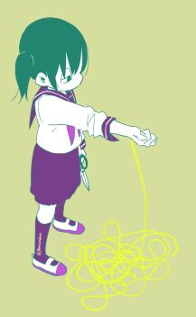 1girl bleeding blood borrowed_character from_above from_side full_body green_background green_eyes green_hair haguruma_hasami_(explosion_psycho) highres holding holding_scissors injury limited_palette long_sleeves looking_down neckerchief original outstretched_arm panzuban profile purple_neckerchief purple_skirt purple_socks school_uniform scissors serafuku shirt shoes short_hair simple_background skirt sleeve_pushed_up socks solo standing thread twintails unbuttoned_sleeves uwabaki white_shirt
