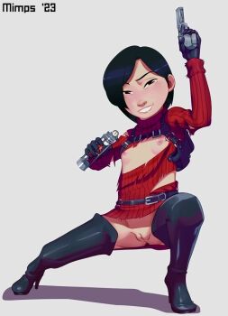 1girl ada_wong aged_down arm_up artist_name black_boots black_eyes black_gloves black_hair blush boots capcom cleft_of_venus explosive female_focus flat_chest functionally_nude gloves grenade grey_background grin hand_up harness high_heel_boots high_heels holding holding_grenade holding_weapon loli looking_at_viewer magnumimpulse nipples no_bra no_panties nose pussy red_sweater resident_evil resident_evil_4 resident_evil_4_(remake) short_hair simple_background smile solo sweater teeth thigh_boots torn_clothes torn_sweater uncensored weapon