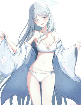 1girl :d absurdly_long_hair absurdres bare_shoulders bikini blue_archive blush braid breasts breasts_apart cherry_blossom_print collarbone colored_eyelashes commentary_request cowboy_shot fingernails floral_print floral_print_kimono grey_eyes hair_ornament halo hands_up happy highres ice_night328 japanese_clothes kimono long_hair long_sleeves looking_at_viewer medium_breasts nagusa_(blue_archive) nagusa_(swimsuit)_(blue_archive) official_alternate_costume open_clothes open_kimono open_mouth parted_bangs print_kimono simple_background single_braid smile snowflake_hair_ornament snowflake_halo solo stomach straight_hair swimsuit thighs tsurime very_long_hair white_background white_bikini white_eyelashes white_hair white_halo white_theme wide_sleeves
