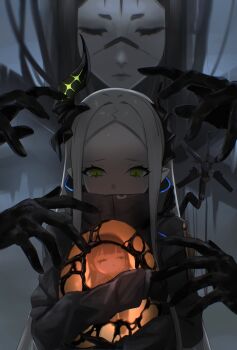 3girls alternate_costume behemoth_(nikke) black_hair black_horns chibi closed_eyes closed_mouth death_stranding egg extra_arms forehead goddess_of_victory:_nikke green_eyes grey_hair highres holding horns hugging_object imminent_attack jumpsuit leviathan_(nikke) long_hair multiple_girls nose_marking odradek pale_skin pointy_ears rapture_queen_(nikke) sweater uzzy2801