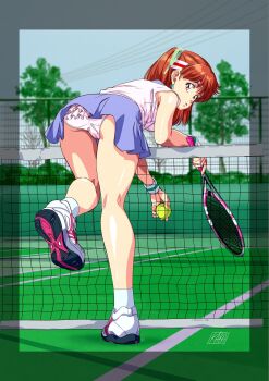 Rule 34 | 1girl, anice farm, ass, ball, blue skirt, brown eyes, brown hair, chouon senshi borgman, commentary request, earrings, frilled panties, frills, from behind, highres, holding, holding racket, jewelry, kabashima yousuke, kneepits, leaning forward, leg up, legs, looking back, miniskirt, outdoors, panties, playing sports, racket, shirt, shoes, short hair, skirt, sleeveless, sleeveless shirt, socks, solo, sportswear, standing, standing on one leg, tennis, tennis ball, tennis court, tennis net, tennis racket, tennis uniform, thighs, tree, underwear, white shirt, white shoes, white socks
