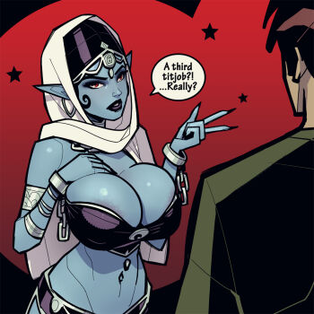 1boy 1girl areola_slip armlet black_hair black_lips black_nails blue_skin breasts bursting_breasts chain cleavage colored_skin commentary cuffs david_goujard earrings english_commentary english_text eyeshadow fingernails genie hoop_earrings huge_breasts jewelry long_pointy_ears makeup navel navel_piercing original piercing pointy_ears red_eyes sharp_fingernails solo_focus speech_bubble veil