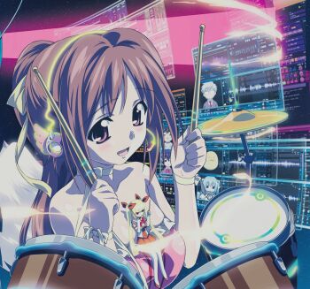 1girl bare_shoulders blush breasts brown_eyes brown_hair cleavage collarbone doll drum drum_set drumsticks earphones hair_ribbon highres holding holding_drumsticks instrument large_breasts long_hair media_player_interface mitsuki_sohara neck_ribbon nymph_(sora_no_otoshimono) official_art open_mouth playing_drum ribbon sakurai_tomoki satsukitane_mikako solo_focus sora_no_otoshimono strapless sugata_eishirou upper_body video_call watanabe_yoshihiro white_ribbon yellow_ribbon