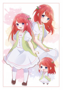 1girl absurdres aged_down blue_eyes blush chibi dress hair_ornament highres long_hair looking_at_viewer multiple_views open_mouth pantyhose rain_re_a re:zero_kara_hajimeru_isekai_seikatsu red_hair short_sleeves smile theresia_van_astrea white_dress