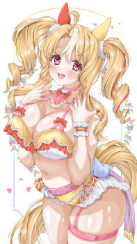 1girl absurdres ahoge akiha_(akiha_ttt) animal_ears bikini blonde_hair blush breasts cleavage commentary_request ear_covers fusaichi_pandora_(umamusume) hair_between_eyes hair_ornament highres horse_ears horse_girl horse_tail large_breasts long_hair looking_at_viewer mismatched_ear_covers multicolored_hair multicolored_nails navel open_mouth red_eyes smile solo stomach streaked_hair swimsuit tail thigh_strap twintails umamusume white_bikini yellow_bikini