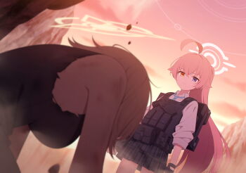 2girls ahoge ballistic_shield bare_legs bare_shoulders beretta_92 black_gloves black_skirt blonde_hair blue_archive blue_eyes blue_necktie bowing breasts bulletproof_vest clenched_teeth closed_mouth collared_shirt game_cg gloves grey_shirt gun hair_between_eyes hair_intakes halo handgun heterochromia high_ponytail highres hoshino_(armed)_(blue_archive) hoshino_(blue_archive) large_breasts long_hair long_sleeves looking_at_another looking_down miniskirt multiple_girls necktie non-web_source official_alternate_costume official_alternate_hairstyle official_art pink_hair pink_halo pleated_skirt ponytail school_uniform shield shirt short_hair shotgun sideboob skirt sleeveless sleeveless_shirt socks spoilers suou_(blue_archive) tactical_school_uniform teeth thighs torn_clothes unamused vest weapon white_shirt yellow_eyes yellow_halo