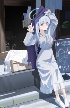 Rule 34 | absurdres, arms up, bad link, blue archive, daishu yuzishi, doodle sensei (blue archive), halo, highres, long hair, looking at viewer, noa (blue archive), noa (pajamas) (blue archive), purple eyes, purple scarf, road, scarf, sensei (blue archive), street, sunlight, white hair