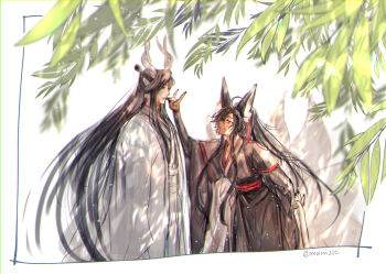 Rule 34 | 2boys, ahoge, animal ear fluff, animal ears, black hair, black hanfu, blurry, blurry foreground, chinese clothes, closed mouth, commentary request, couple, dappled sunlight, day, dragon horns, eastern dragon horns, eye contact, fox boy, fox ears, fox shadow puppet, fox tail, grey eyes, hair ribbon, hand up, hanfu, highres, horns, kemonomimi mode, kitsune, ktxxok, kyuubi, lan wangji, leaf, light particles, long hair, long sleeves, looking at another, male focus, modao zushi, multiple boys, multiple tails, open mouth, outdoors, pointy ears, ponytail, profile, red ribbon, red sash, ribbon, robe, sash, sidelocks, smile, standing, sunlight, tail, topknot, twitter username, very long hair, wei wuxian, white background, white hanfu, wide sleeves, yaoi, yellow eyes