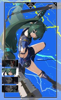 1girl absurdres android arm_strap arm_up armor black_border blue_background blue_shoes blue_shorts blue_sleeves border braid braided_sidelocks character_name commentary_request detached_sleeves english_text fingerless_gloves from_side gloves green_eyes green_hair hair_ornament highres holding holding_nunchaku holding_weapon jane_doe_(zenless_zone_zero) leg_up lightning_background long_hair looking_at_viewer nunchaku open_mouth police police_uniform policewoman qingyi_(zenless_zone_zero) seth_lowell shoes shorts shoulder_armor side_braids solo sphere_hair_ornament twintails weapon zenless_zone_zero zeroartwo zhu_yuan