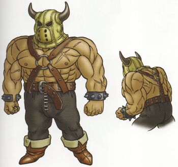 Rule 34 | 1boy, abs, belt, black pants, boots, bracelet, brown belt, brown boots, chest harness, clenched hands, cross scar, dragon quest, full body, harness, highres, horned mask, jewelry, male focus, mask, multiple views, muscular, muscular male, nipples, o-ring, o-ring harness, official art, pants, reference sheet, scan, scan artifacts, scar, scar on arm, solo, spiked bracelet, spikes, studded belt, third-party source, toriyama akira, toughie, white background, yellow mask