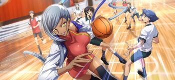 1girl 6+boys arm_up artist_request asymmetrical_hair ball basketball basketball_(object) basketball_court black_footwear black_hair black_thighhighs blue_hair blue_socks breasts brown_eyes code_geass code_geass:_lost_stories dark-skinned_female dark_skin dress dutch_angle faceless faceless_male female_focus game_cg green_shorts grey_hair grin hand_up happy high_ponytail highres holding holding_ball indoors jacket large_breasts lelouch_vi_britannia lipstick long_hair long_sleeves looking_at_another makeup multiple_boys non-web_source official_art open_clothes open_jacket people playing_sports ponytail purple_eyes purple_lips red_dress rivalz_cardemonde running shiny_skin shirt shoes short_dress short_hair short_sleeves shorts sleeveless sleeveless_dress smile socks solo_focus sparkle sweat teeth thighhighs thighs very_long_hair villetta_nu white_jacket white_shirt yellow_eyes zettai_ryouiki