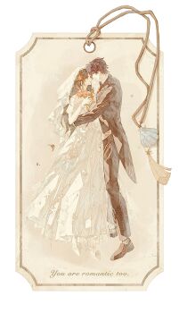 Rule 34 | 1boy, 1girl, arm around waist, bare shoulders, black jacket, black pants, black shoes, border, bracelet, bridal veil, brown hair, chaoxibumian, dress, flower, full body, hair flower, hair ornament, highres, holding, holding flower, husband and wife, jacket, jewelry, long hair, looking at another, love and deepspace, off-shoulder dress, off shoulder, pants, protagonist (love and deepspace), purple hair, rafayel (love and deepspace), red flower, seashell, shell, shoes, short hair, suit jacket, tag, tassel, veil, wedding dress, white border, white dress, white shoes, white veil