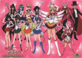 1boy 2001 6+girls aged_up aino_minako ankle_boots aqua_hair arm_up back_bow bishoujo_senshi_sailor_moon bishoujo_senshi_sailor_moon_r bishoujo_senshi_sailor_moon_stars black_choker black_dress black_hair black_hat black_lady_(sailor_moon) black_pants black_sailor_collar black_skirt blonde_hair blue_bow blue_choker blue_eyes blue_footwear blue_hair blue_sailor_collar blue_skirt boots bow bowtie brooch brown_bow brown_hair cape chiba_mamoru chibi_usa choker circlet cone_hair_bun crescent crescent_facial_mark cure_happy_pose dated double_bun dress elbow_gloves eternal_sailor_moon everyone facial_mark forehead_mark full_body garnet_rod gloves green_choker green_eyes green_footwear green_hair green_sailor_collar green_skirt hair_bobbles hair_bow hair_bun hair_ornament hairpin hand_on_own_hip hat heart heart_brooch heart_choker high_heels high_ponytail highres hino_rei holding holding_polearm holding_staff holding_weapon jewelry kaiou_michiru kino_makoto knee_boots layered_skirt legs_apart long_hair m/ magical_girl mask medium_hair meiou_setsuna miniskirt mizuno_ami multicolored_skirt multiple_girls official_art orange_choker orange_sailor_collar orange_shoes orange_skirt pants pink_background pink_boots pink_bow pink_hair pink_sailor_collar pleated_skirt polearm ponytail puffy_sleeves purple_bow purple_sailor_collar purple_skirt red_bow red_choker red_eyes red_footwear red_sailor_collar red_sash red_skirt sailor_chibi_moon sailor_collar sailor_jupiter sailor_mars sailor_mercury sailor_moon sailor_neptune sailor_pluto sailor_saturn sailor_senshi sailor_senshi_uniform sailor_uranus sailor_venus sash scan shoes short_hair sidelocks silence_glaive single_hair_bun skirt staff standing star_(symbol) star_choker super_sailor_chibi_moon super_sailor_jupiter super_sailor_mars super_sailor_mercury super_sailor_neptune super_sailor_pluto super_sailor_saturn super_sailor_uranus super_sailor_venus tamegai_katsumi ten&#039;ou_haruka toei_company tomoe_hotaru top_hat tsukino_usagi tuxedo tuxedo_kamen twintails very_short_hair wavy_hair weapon white_bow white_bowtie white_footwear white_gloves white_wings wings yellow_bow yellow_choker yellow_skirt