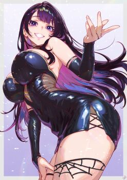 1girl absurdres bare_shoulders black_dress black_sleeves border breasts commentary_request cross-laced_slit detached_sleeves dress eyelashes floating_hair from_below from_side grin hand_on_own_thigh hand_up highres indie_virtual_youtuber large_breasts leaning_forward long_hair looking_at_viewer mole mole_on_thigh momoyama_tits outside_border partial_commentary purple_background purple_eyes purple_hair shizuka_hirari side_slit simple_background sleeveless sleeveless_dress smile solo thigh_strap thighs virtual_youtuber white_border
