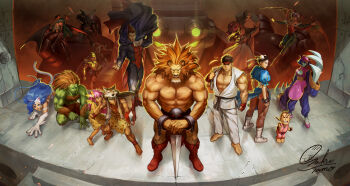 Rule 34 | absurdres, bao (cyberbots), blodia, capcom, capcom fighting collection, cape, cat girl, chinese clothes, chun-li, claw (weapon), colored skin, crossover, cyberbots, demitri maximoff, devilot de deathsatan ix, dougi, dr stein, felicia (darkstalkers), glowing, glowing eyes, green skin, headband, hibiki dan, highres, jiangshi, jigoku daishi, hsien-ko, leo (warzard), lilith (darkstalkers), looking at viewer, mao (cyberbots), mecha, monster boy, monster girl, morrigan aensland, mukuro (warzard), official art, planted, planted sword, planted weapon, pocket fighter, robot, ryu (street fighter), sakutamo, saotome jin, street fighter, sword, third-party source, darkstalkers, warzard, weapon