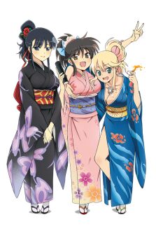10s 3girls alcohol asuka_(senran_kagura) black_hair blonde_hair blue_eyes breasts brown_eyes choko_(cup) cleavage cup food green_eyes hair_ornament ikaruga_(senran_kagura) japanese_clothes katsuragi_(senran_kagura) kimono large_breasts lipstick long_hair makeup makizushi marvelous multiple_girls new_year sake sandals senran_kagura senran_kagura_shoujo-tachi_no_shin'ei simple_background sushi tabi tokkuri transparent_background v white_background