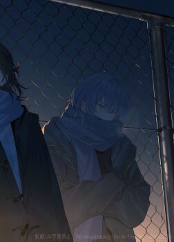 Rule 34 | 2boys, black coat, black hair, black shirt, blue coat, blue scarf, blush, chain-link fence, closed eyes, coat, commentary, crossed arms, crossed bangs, fence, grey hair, grey scarf, hair between eyes, hama m, highres, male focus, mole, mole under eye, multiple boys, original, scar, scarf, shirt, sunset, sweater, twitter username, unzipped, watermark