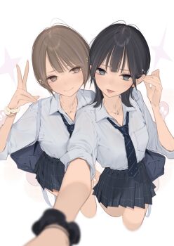 2girls ama_mitsuki aqua_eyes bag black_hair blue_bag blue_necktie blue_skirt brown_eyes brown_hair closed_mouth collared_shirt commentary_request diagonal-striped_clothes diagonal-striped_necktie from_above hair_ornament highres jewelry long_sleeves medium_hair multiple_girls necklace necktie open_mouth original outstretched_arm plaid_clothes plaid_skirt pleated_skirt reaching reaching_towards_viewer school_bag school_uniform scrunchie selfie shirt short_hair shoulder_bag skirt sleeves_rolled_up smile striped_clothes striped_necktie tongue tongue_out v white_shirt wrist_scrunchie