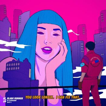 1boy 1girl akira_(manga) ana_de_armas blade_runner_(series) blade_runner_2049 blue_hair crossover cyberpunk hologram jacket joi kaneda_shoutarou_(akira) meme size_difference tagme you_look_lonely_(meme)