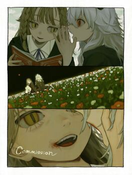2girls blood blood_from_mouth book braid commentary commission fangs field flower flower_field green_hair grey_hair hands_on_another&#039;s_face highres holding holding_book horns isa_(31q_13) long_hair multiple_girls original outdoors red_eyes skeb_commission slit_pupils twin_braids whispering whispering_in_ear yellow_eyes yuri