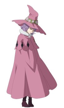 Rule 34 | 1girl, absurdres, black clover, black clover m: rise of the wizard king, boots, cloak, closed eyes, dorothy unsworth, flower, full body, hat, hat flower, highres, incredibly absurdres, non-web source, nose bubble, official art, pink cloak, pink flower, pink hat, purple boots, purple eyes, simple background, solo, transparent background, witch hat