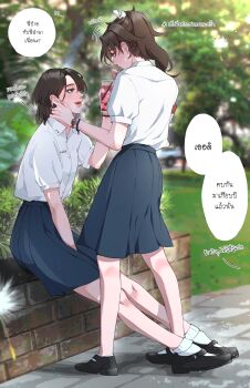 Rule 34 | 2girls, absurdres, black shoes, black skirt, brown hair, collared shirt, commentary request, dandelion, day, drinking straw, drinking straw in mouth, earrings, flower, grass, grey eyes, highres, hips in air, jewelry, long hair, mary janes, medium hair, multiple girls, open mouth, original, outdoors, ponytail, school uniform, shirt, shoes, short sleeves, sitting, skirt, smile, socks, speech bubble, standing, stud earrings, sweetandsour9, thai commentary, thai text, translation request, white shirt, white socks, yuri