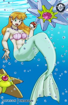 1girl :d absurdres air_bubble alternate_hairstyle bare_arms bare_shoulders bikini breasts bubble cleavage earrings english_text gem gen_1_pokemon green_eyes hair_down hair_ornament hand_up highres holding holding_poke_ball jewelry long_hair looking_at_viewer medium_breasts mermaid mermaid_misty_(pokemon) misty_(pokemon) monster_girl monsterification navel necklace nintendo open_mouth orange_hair pearl_(gemstone) pearl_necklace poke_ball poke_ball_(basic) pokemon pokemon_(anime) pokemon_(classic_anime) pokemon_(creature) pokemon_rgby shell shell_bikini smile starmie staryu swimsuit thearashi underwater
