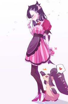 1girl apron bag black_hair blue_eyes blush closed_mouth dress from_side full_body gen_3_pokemon gift_bag heart high_heels highres holding holding_bag holding_behind_back marie_(pixiv59672544) marnie_(palentine&#039;s_2022)_(pokemon) marnie_(pokemon) mawile nintendo official_alternate_costume pink_dress pink_shoes pokemon pokemon_(creature) pokemon_masters_ex puffy_short_sleeves puffy_sleeves shoes short_sleeves spoken_heart valentine waist_apron white_background