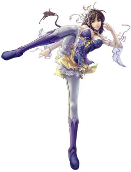 1girl blue_boots boots braid breasts brown_hair cleavage eat female_focus fighting_stance leg_lift legs long_hair long_legs original pantyhose see-through_clothes solo thighs