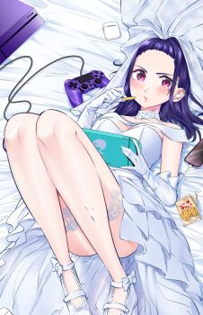 1girl airpods akino_sayuri blush brand_name_imitation breasts bridal_veil cellphone choker commentary_request controller dosanko_gal_wa_namaramenkoi dress dualshock eating elbow_gloves game_console game_controller gamepad gloves handheld_game_console highres holding holding_handheld_game_console ikada_kai knees_up lace lace_choker looking_at_viewer lying medium_breasts medium_hair mole mole_under_eye nintendo_switch official_art on_back parted_lips phone pink_eyes playstation_4 playstation_controller purple_hair sandals smartphone solo thigh_strap veil wedding_dress white_choker white_gloves white_sandals wireless_earphones