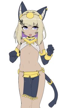 1girl absurdres alternate_hair_length alternate_hairstyle alternate_skin_color amanogawa_shiina ancient_egyptian_clothes animal_ear_fluff animal_ears black_gloves blonde_hair bracelet cat_ears cat_girl cat_tail commentary dark-skinned_female dark_skin earrings elbow_gloves english_commentary flat_chest gloves gold_bracelet gold_collar head_chain highres if_you_want_to_become_a_godly_artist_(trend) jewelry jushikuroni navel open_mouth pelvic_curtain phase_connect purple_eyes purple_hair revealing_clothes scissors_hair_ornament short_hair simple_background sling_bikini_top solo standing tail tail_ornament teeth upper_teeth_only usekh_collar virtual_youtuber white_background