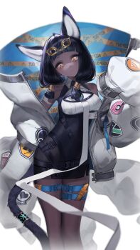 1girl absurdres animal_ears arknights belt black_belt black_hair blunt_bangs breasts cat_ears cat_girl cat_tail caution_tape chinese_commentary closed_mouth commentary_request cowboy_shot dark-skinned_female dark_skin head_chain high_collar highres jacket jewelry keep_out long_sleeves looking_at_viewer oversized_jacket puffy_long_sleeves puffy_sleeves sleeves_past_fingers sleeves_past_wrists small_breasts solo standing tail tail_ornament tail_ring thigh_belt thigh_strap titi_(arknights) white_background xianchong_shi yellow_eyes