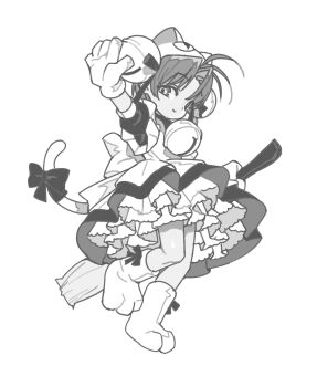 1girl absurdres animal_ears animal_hat bell bow broom cat_ears cat_hat cat_tail chinese_commentary commentary_request dejiko denovo320 di_gi_charat dress full_body greyscale hair_bell hair_ornament hat highres holding holding_broom jingle_bell looking_at_viewer mittens monochrome neck_bell parted_bangs paw_shoes short_hair short_sleeves simple_background smile solo standing standing_on_one_leg tail tail_bow tail_ornament white_background