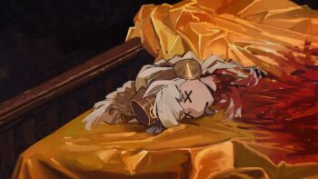 1girl animal_ears bed blood bow commentary corpse death decapitation ear_bow english_commentary gold_ship_(umamusume) guro head_only highres horse_ears horse_girl notfuji on_bed pillbox_hat scene_reference solo the_godfather tongue tongue_out umamusume white_hair x_x