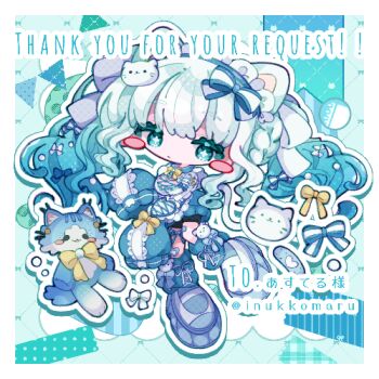 Rule 34 | 1girl, animal ears, artist name, blue hair, blue shirt, blue shoes, blue socks, blush stickers, cat, cat ears, cat hair ornament, chibi, chibi only, closed mouth, commission, commissioner name, hair ornament, hair ribbon, inukkomaru, long hair, long sleeves, looking at viewer, lowres, original, outline, ribbon, shirt, shoes, skeb commission, sleeves past fingers, sleeves past wrists, socks, solo, twitter username, white outline