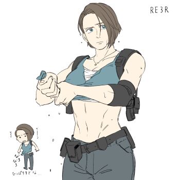 Rule 34 | 1girl, blue eyes, blue shirt, brown hair, chibi, commentary request, highres, jewelry, jill valentine, midriff, necklace, pants, resident evil, resident evil 3: nemesis, resident evil 3 (remake), shirt, simple background, t (t345678912), wet, wet clothes, white background, wringing clothes