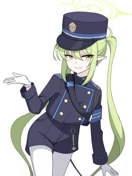 1girl armband blue_archive blue_armband blush breasts commentary_request ee_doyomeki gloves green_hair green_halo halo hat highres long_hair looking_at_viewer nozomi_(blue_archive) pantyhose pointy_ears simple_background small_breasts solo standing twintails very_long_hair white_background white_gloves white_pantyhose yellow_eyes