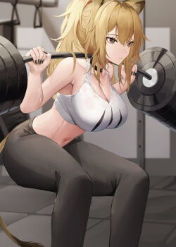 1girl absurdres animal_ears arknights bare_arms bare_shoulders black_choker black_eyes black_pants blonde_hair breasts choker collarbone commentary crop_top exercising feet_out_of_frame hair_between_eyes highres indoors large_breasts leggings lion_ears long_hair mea_(hwaksal) midriff navel pants ponytail siege_(arknights) sitting solo stomach tank_top thighs weightlifting white_tank_top