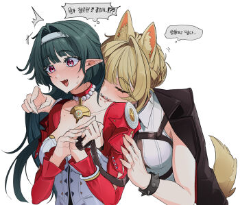 2girls absurdres animal_ears astra_yao bite_mark black_hair blonde_hair blush evelyn_chevalier hairband highres holding holding_leash jackets jewelry leash mizmizu27 multiple_girls necklace pearl_necklace pointy_ears tail translation_request white_hairband wolf_ears wolf_tail yuri zenless_zone_zero