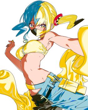 1girl 5oh5s2 absurdres belt blonde_hair blue_eyes blush breasts canari_(pokemon) dark-skinned_female dark_skin gradient_eyes highres looking_at_viewer mask medium_breasts midriff mouth_mask multicolored_eyes multicolored_hair navel nintendo pants pokemon pokemon_legends:_z-a simple_background solo split-color_hair twintails two-tone_pants white_background